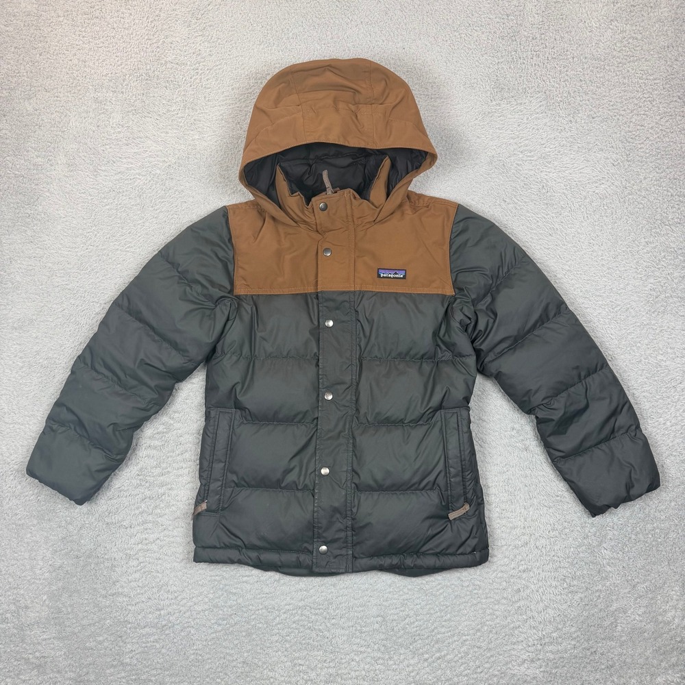 Patagonia Kids Bivy Down Hoody Jacket Forge Grey Bearfoot Tan Boys Size M 10
